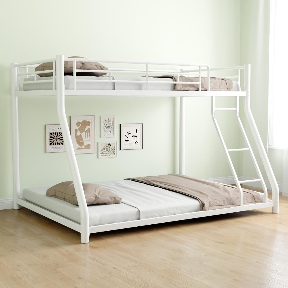 Twin Over Full Metal Bunk Bed, with Ladder & Full-Length Guardrail for Teens Adults, Noise Free (White + Metal + Metal)