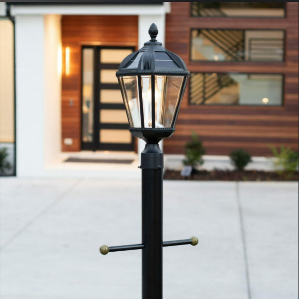 Gama Sonic Outdoor Solar Post Light, Black Aluminum, Royal Bulb, Rain Water Glass, Single Lamp with 3-inch Fitter for Lamp Posts Warm White LED, 98B012 (Upgraded Panel and Battery)