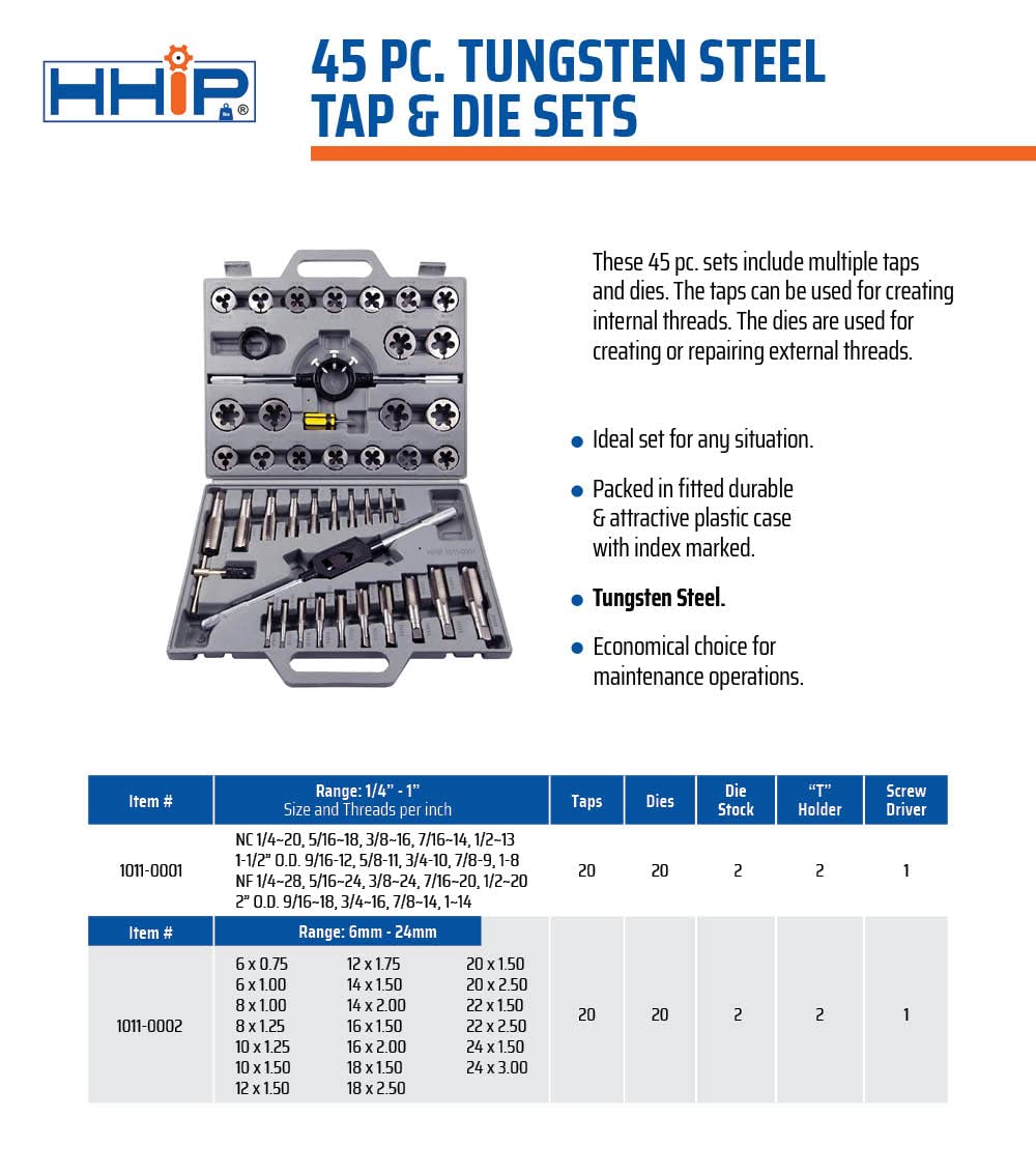 HHIP 1011-0001 45 Piece Tap & Die Set, 1/4-1 Inch - Tungsten