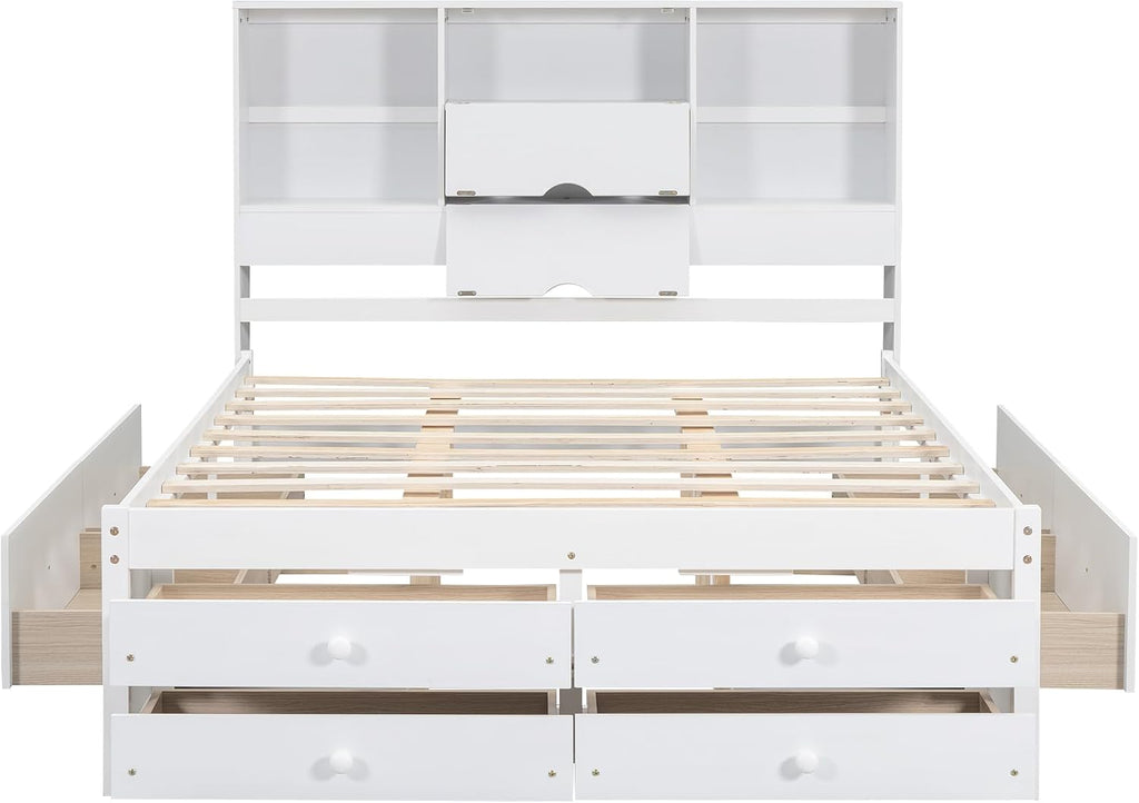 Queen Size Wood Platform Bed with 8 Storage Drawers and Bookcase Headboard for Bedroom (White, Queen)