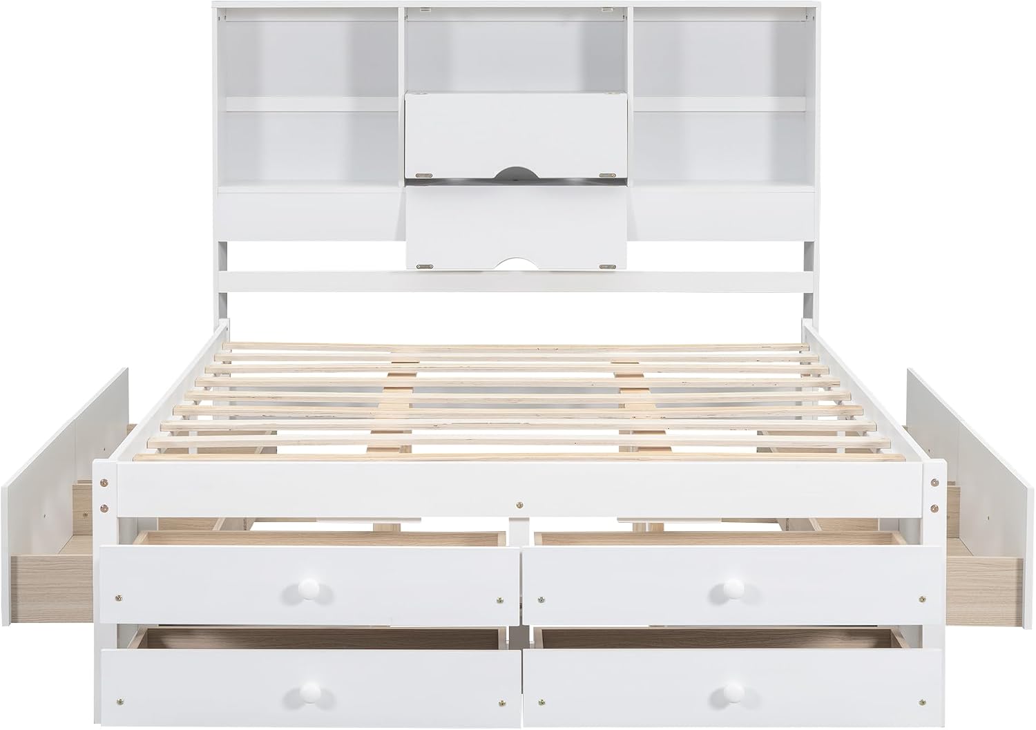 Queen Size Wood Platform Bed with 8 Storage Drawers and Bookcase Headboard for Bedroom (White, Queen)
