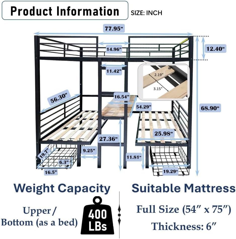 Twin Size Loft Bed with Table Sets Transformable to Twin Over Twin Bunk (Black + Steel + Full)