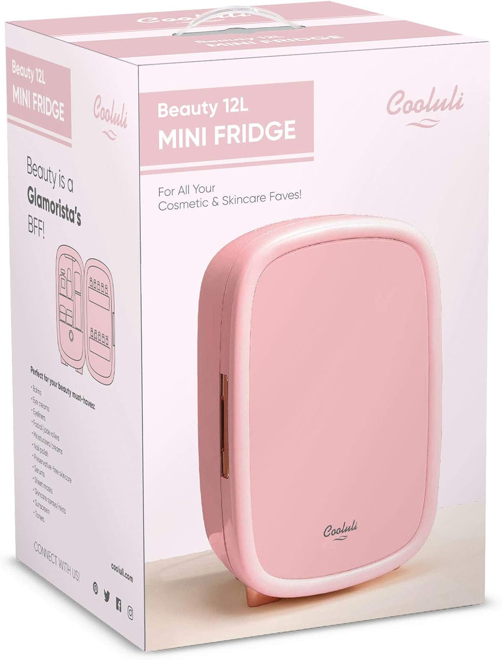 Cooluli Beauty 12L Makeup Fridge - Pink Mini Fridge for Skin Care Accessories, Cosmetics and Facial Masks Storage - Interior LED Lights - for Women & Teen Girls Room