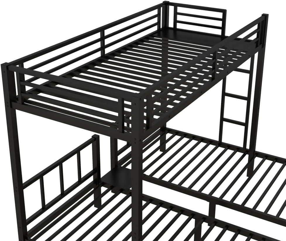 Twin Over Twin & Queen Bunk Bed, with Safety Guardrails,Space-Saving/Noise Reduced,Black (Black + Metal)