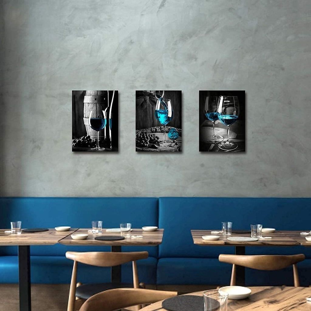 3 Panel Wine Glass Pictures Wall Decor Teal Blue Wall Art for Kitchen Bar Turquoise Home Decorations, Black and White Cask Barrel Pictures Retro Gray Posters Framed Canvas Prints Dining Room 20x28'