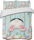 Quilt King Size Bedding Set, Easter Lightweight Summer Quilt 3 Pieces Bedding Sets, Spring Rabbit Feet Eggs Flower Green Wooden Grain Reversible Soft Bedspreads Coverlets with 2 Pillow Shams