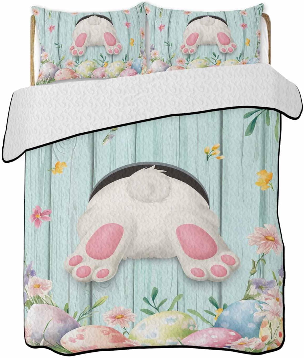 Quilt King Size Bedding Set, Easter Lightweight Summer Quilt 3 Pieces Bedding Sets, Spring Rabbit Feet Eggs Flower Green Wooden Grain Reversible Soft Bedspreads Coverlets with 2 Pillow Shams