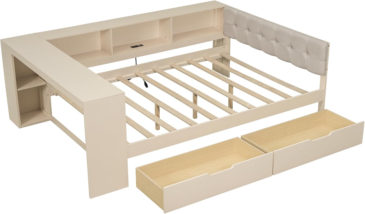 Full Size Platform Bed with Storage Shelves and Study Desk, Wood Daybed Frame with Upholstered Headboard and 2 Drawers for Office/Living Room/Bedroom, Maximize Space