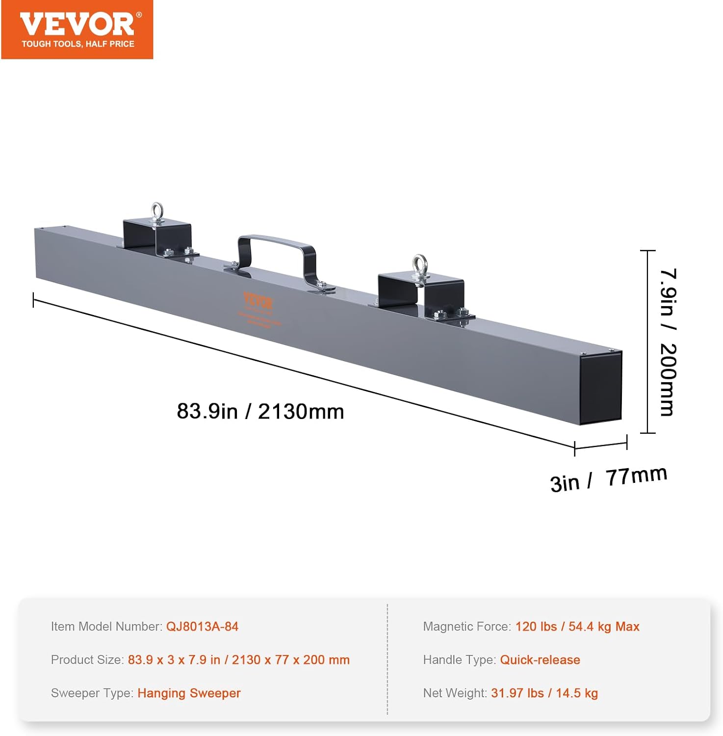 VEVOR Hanging Magnetic Sweeper Pickup Tool,120lbs Nail Hang-Type Magnetic Forklift Sweeper,Industrial Grade Magnets Steel Material Hunting Accessories for Picking Up Nails Bolts Iron Chips Metals