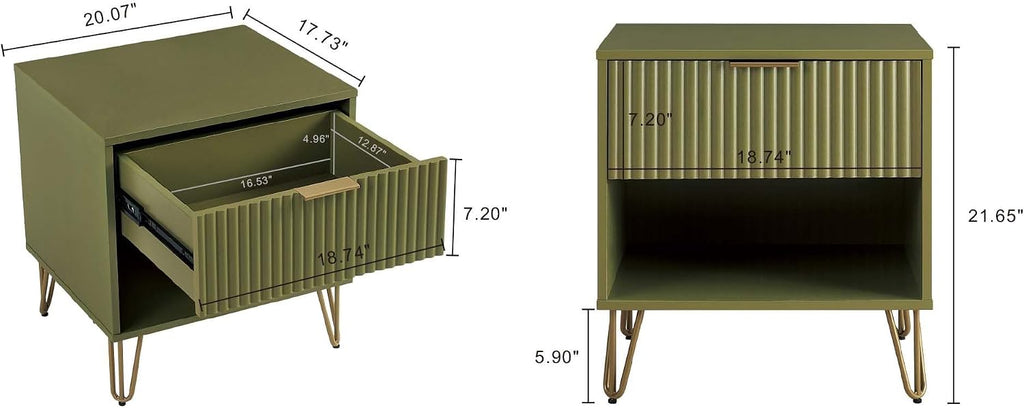 Manhattan Comfort DUMBO 2 Piece Modern Set, 3 Drawer Dresser, 1 Drawer Nightstand with Fluted Ribbed Front, Gold Metal Legs, No Tool Assembly, Storage Cabinet for Bedroom or Living Room in Olive Green