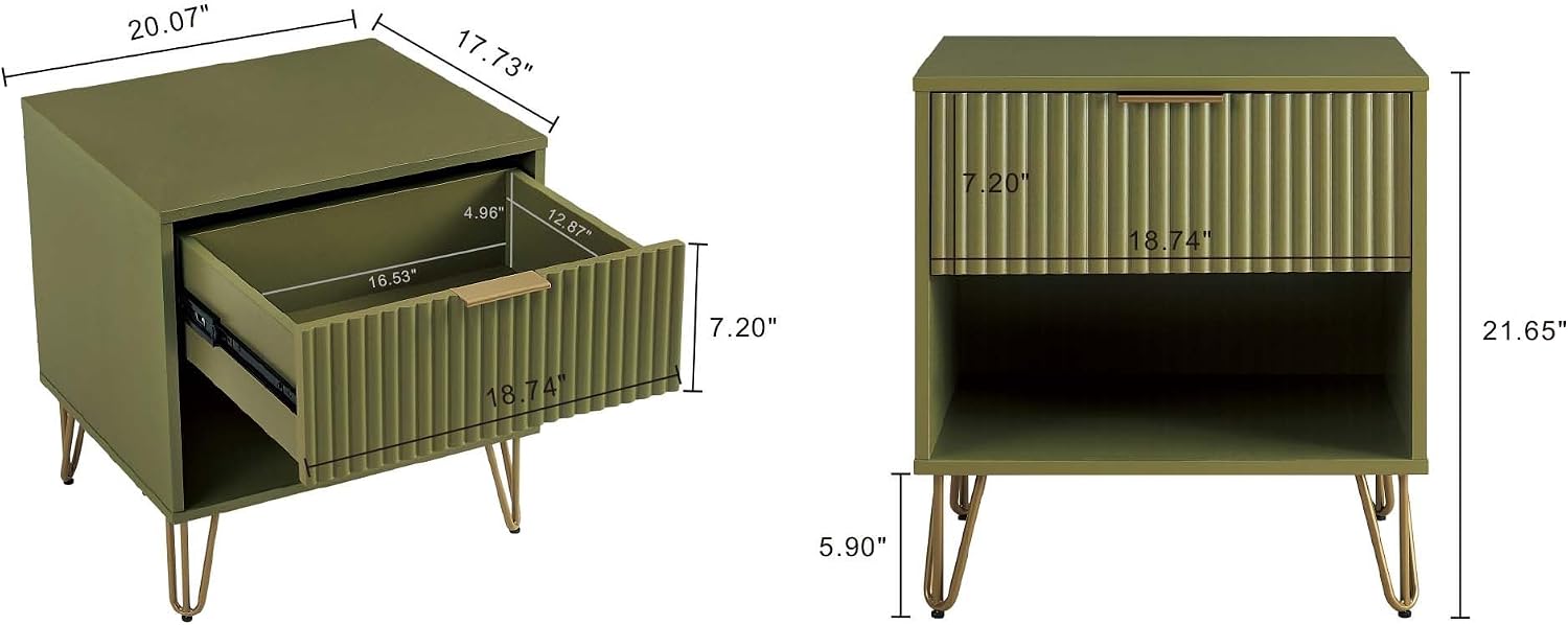 Manhattan Comfort DUMBO 2 Piece Modern Set, 3 Drawer Dresser, 1 Drawer Nightstand with Fluted Ribbed Front, Gold Metal Legs, No Tool Assembly, Storage Cabinet for Bedroom or Living Room in Olive Green