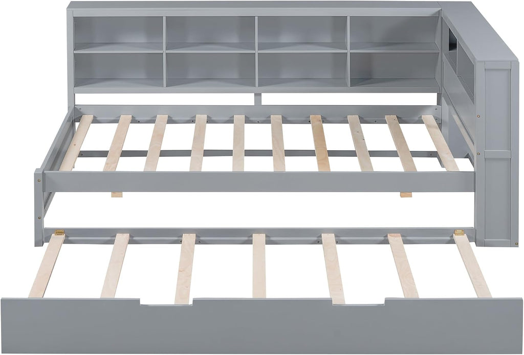 Modern Twin Size Daybed with Trundle, Solid Wood Captain Platform Bed with Storage Cabinets and USB Ports, Low Floor Bed for Kids Teens Adult Bedroom, Easy Assembly (Gray-XX115)