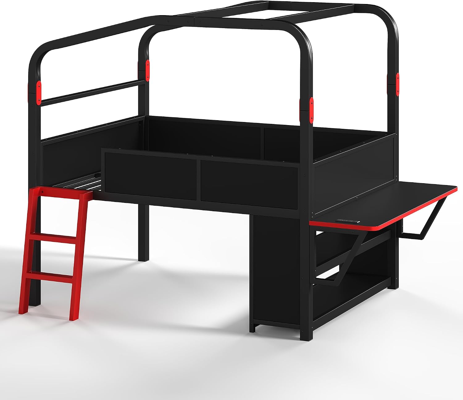 JIVOIT Full Size Metal Loft Bed with Built-in Side Desk, Gaming Style Metal Low Loft Bed with Storage Cabinets, Chic Canopy Design, Easy Assembly