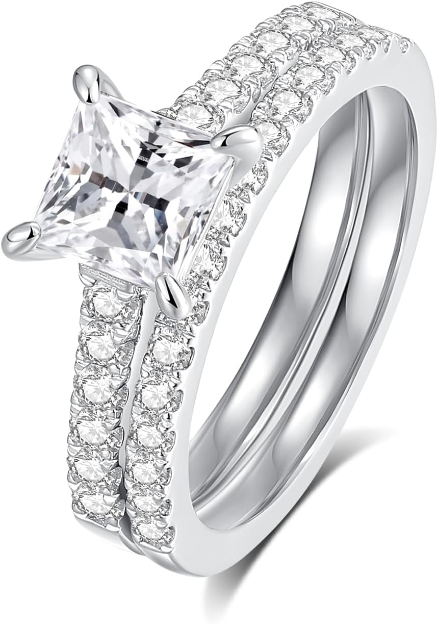 Moissanite Wedding Ring Set Moissanite Bridal Ring Sets for Women D Color VVS1 Princess Cut Engagement Rings S925 Sterling Silver Promise Rings for Women Wife