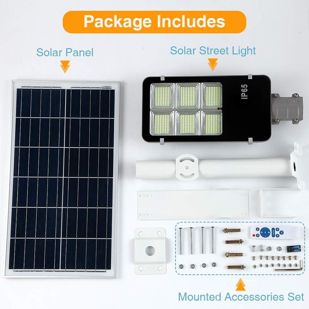 6000W LED Solar Street Lights Outdoor, Dusk to Dawn Security Flood Light with Remote Control & Pole, Wireless, Waterproof, Perfect for Yard, Parking lot, Street, Garden and Garage