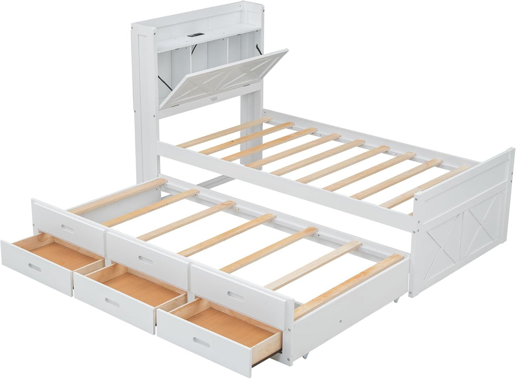 Twin Size Captain Wooden Bed Frame with Storage Headboard & Outlets | Extendable Platform Bed with Twin Trundle & 3 Storage Drawers | Modern Farmhouse Bedroom Furniture Set (White, Twin)