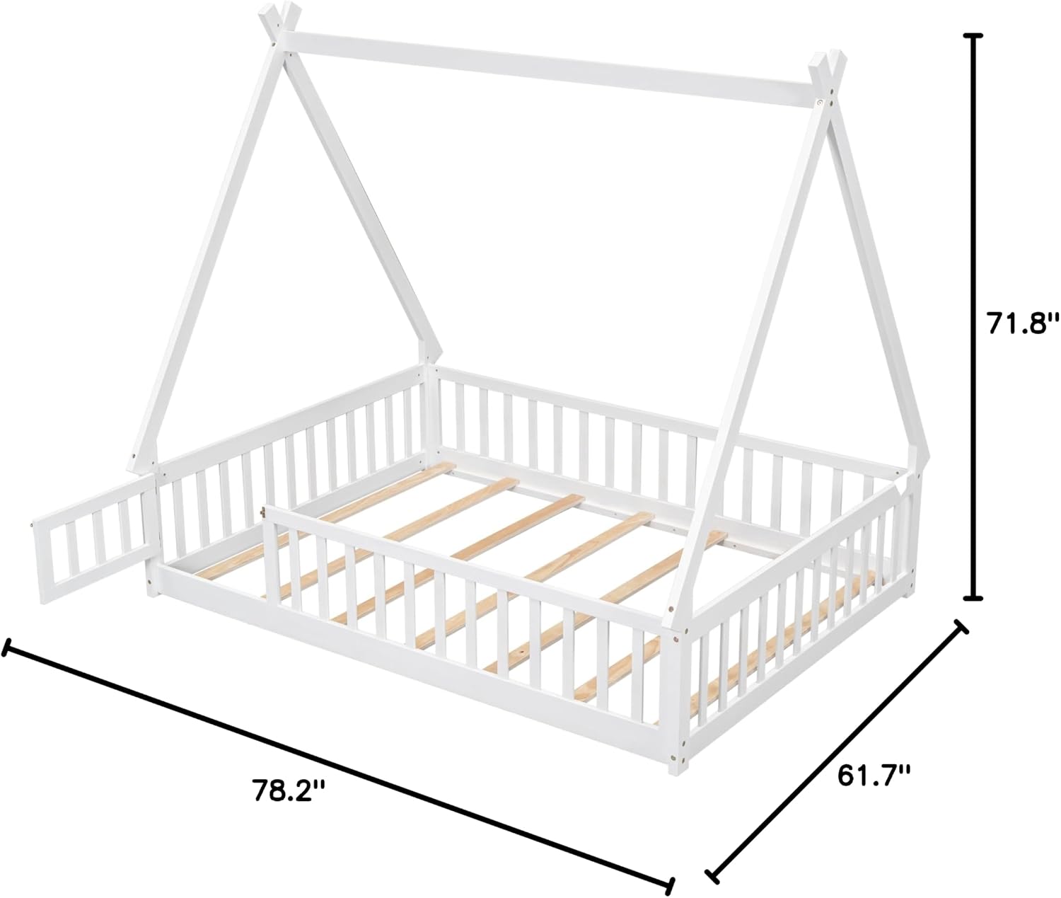 JIVOIT Full Size Tent-Shaped Floor Bed with Door, House Platform Bed Tent Bed Frame with Fence-Shaped Guardrails and Wood Slats Support, Wood Floor Play House Bed for Kids Boys Girls Teens (White,2)