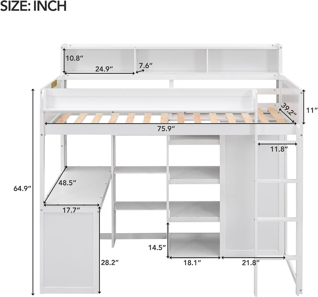 Wood Twin Size Loft Bed with Multiple Built-in Desk,Storage Shelves and Wardrobe,for Kids Boys Girls Teens Adults Bedroom (White@Cabinet, Twin)