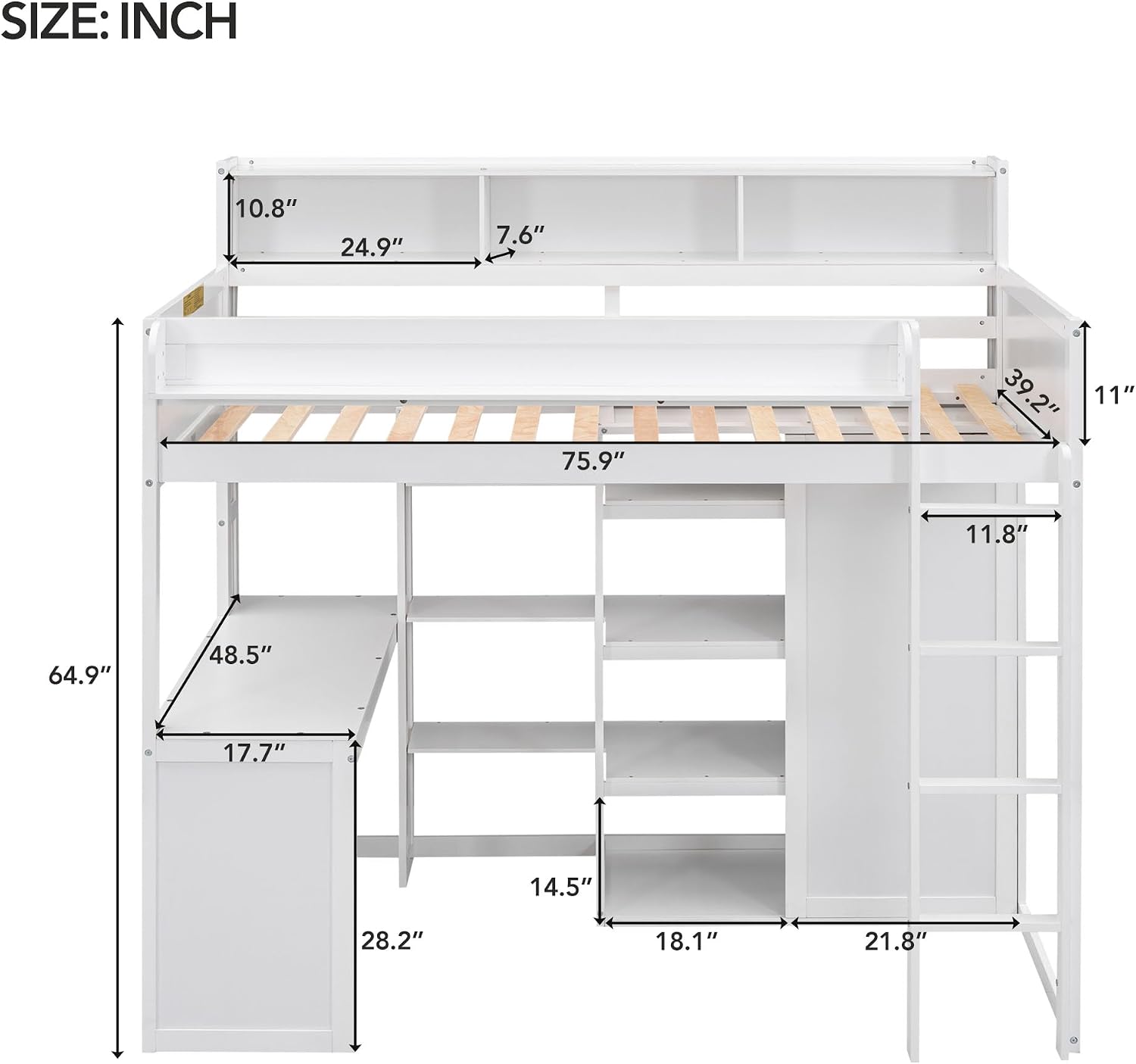 Wood Twin Size Loft Bed with Multiple Built-in Desk,Storage Shelves and Wardrobe,for Kids Boys Girls Teens Adults Bedroom (White@Cabinet, Twin)