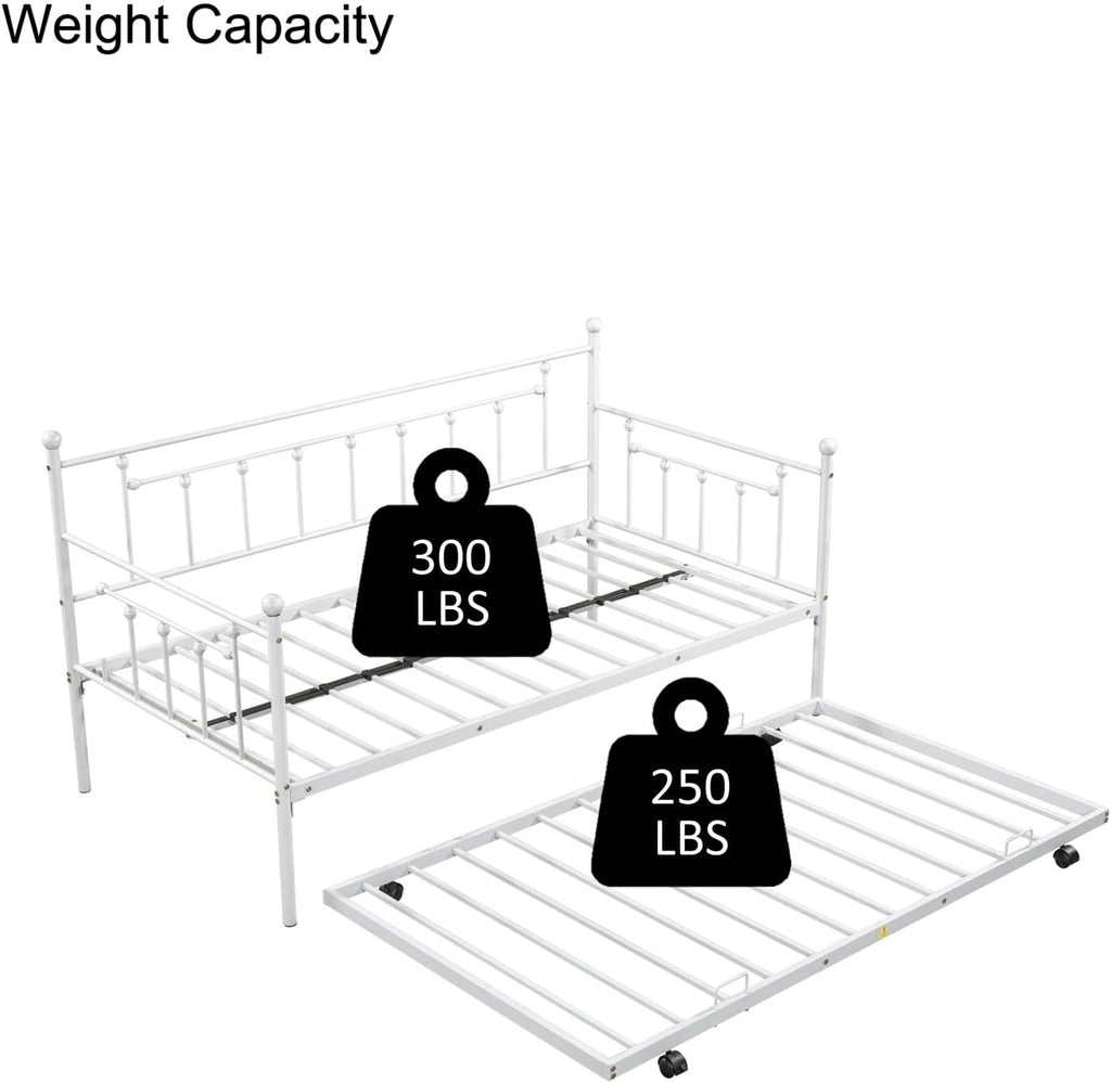 Metal Bed Twin XL, Bed with Trundle Light Grey Metal Bohemian Sofa Bed with Slats Daybed for Teen Adult Bedroom Living Room