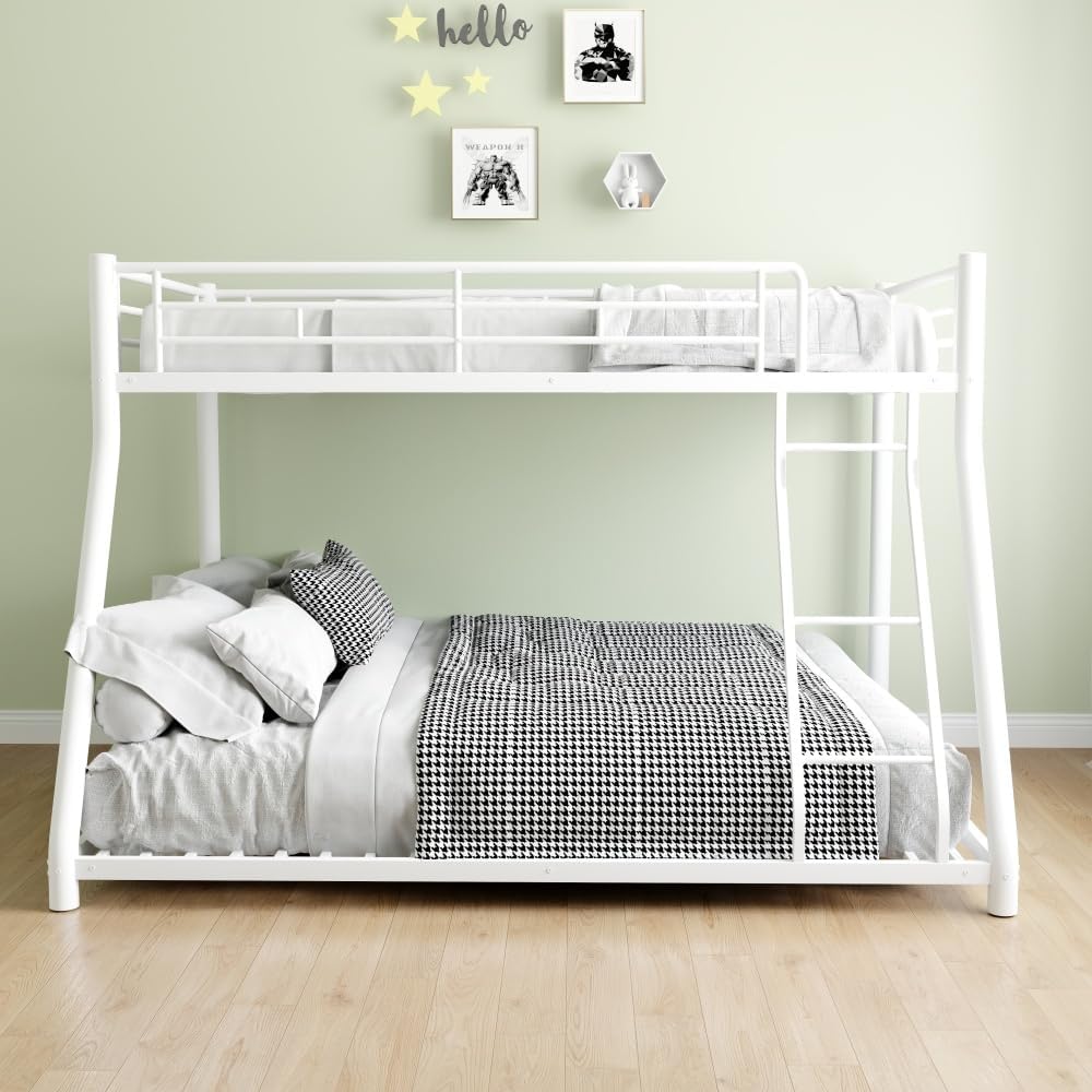 Twin Over Full Metal Bunk Bed, with Ladder & Full-Length Guardrail for Teens Adults, Noise Free (White + Metal + Metal)
