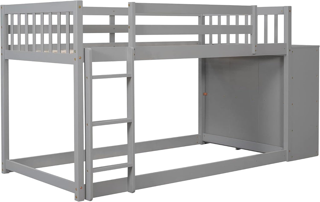 Twin-Over-Twin Size Bunk Bed, Bedroom Furniture Pine Wood Bed Frame with Storage Drawers and Open Shelves, Drawers and Shelves Set Can Be Moved, for Kids & Teens (Gray)