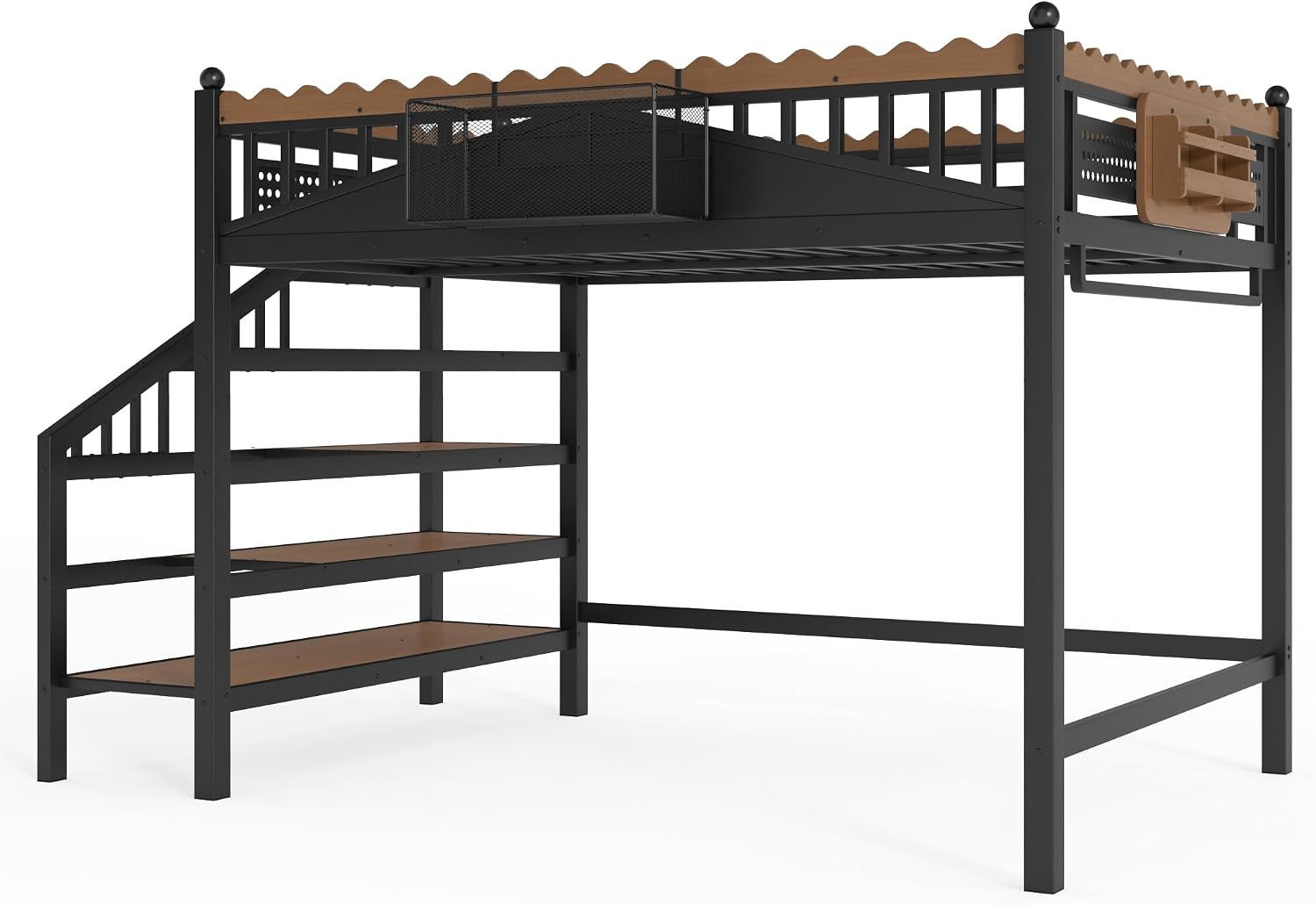 JIVOIT Queen Size Metal Loft Bed Frame, Space-Saving Loft Bed with Storage Stairs, Storage Shelves and Bookshelf, Strong Support Slats, Perfect for Bedroom, Guest, Dorms