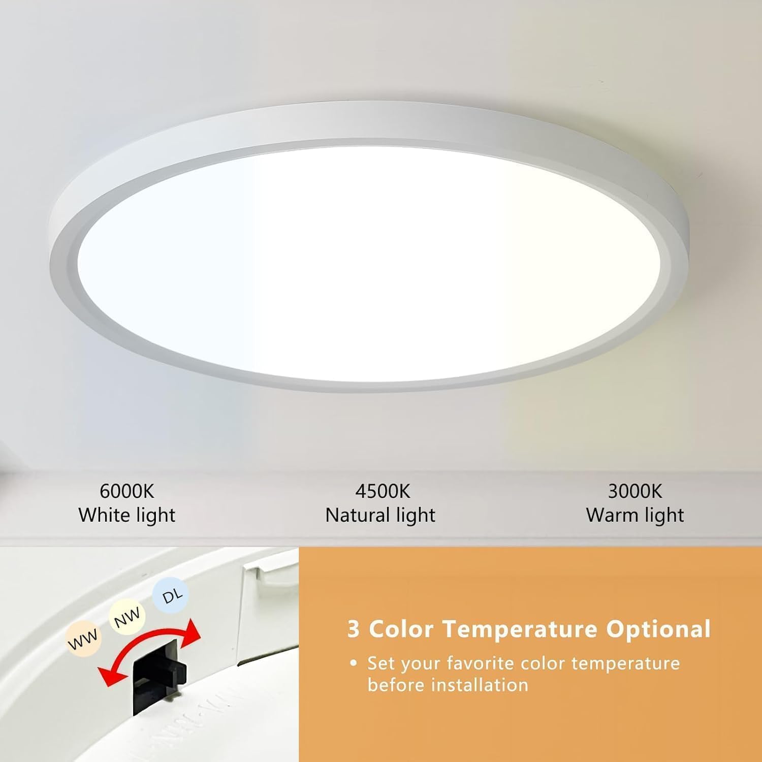 24 Inch Led Ceiling Light Flush Mount, 50W, 5480LM, 3000K/4000K/6000K CCT Selectable Super Slim White LED Ceiling Light, Close to Ceiling Round Flat Panel Light for Hallway, Bedroom, Kitchen, ect,2PK