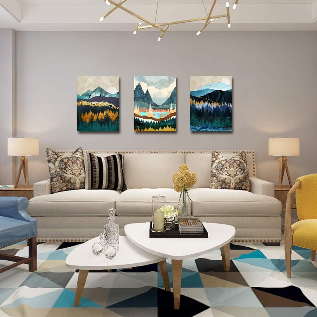 Abstract Mountain Canvas Wall Art Decor Modern Boho Nature Wood Landscape Painting Poster Minimalist Navy Blue Forest Picture Framed Artwork Home Decorations Bathroom Bedroom 24x32 inch 3 Sets