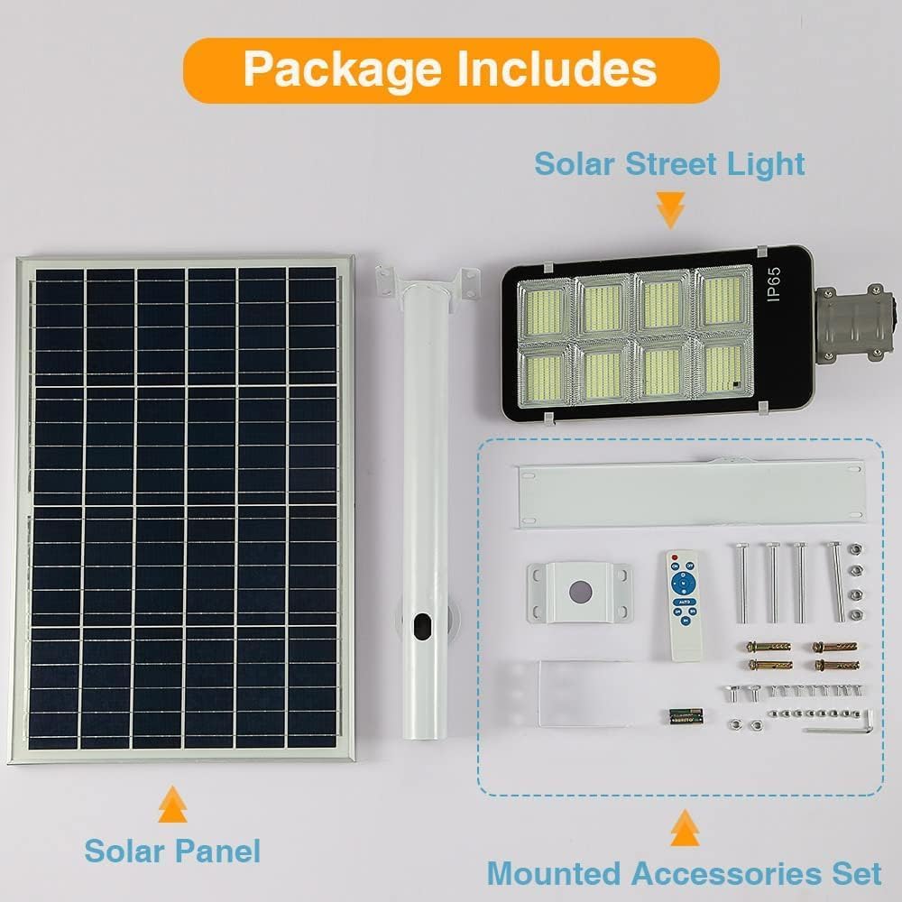 8000W LED Solar Street Lights Outdoor, Dusk to Dawn Security Flood Light with Remote Control & Pole, Wireless, Waterproof, Perfect for Yard, Parking lot, Street, Garden and Garage