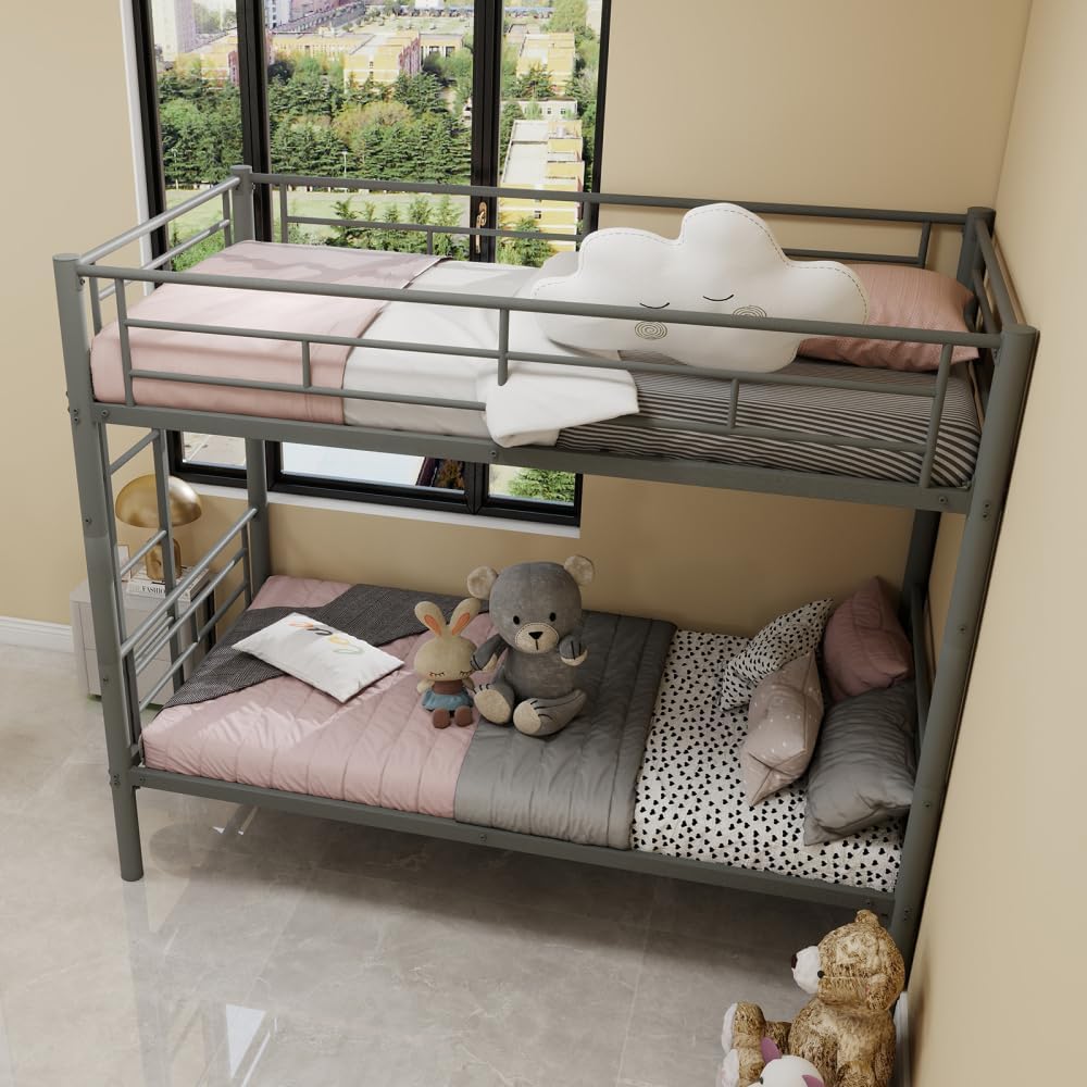 Twin Over Full Metal Bunk Bed, with Ladder & Full-Length Guardrail for Teens Adults, Noise Free (Silver + Metal + Metal)
