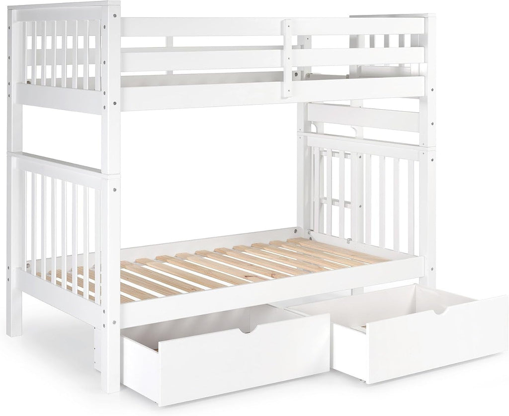 Bedz King Tall Bunk Beds Twin Over Twin Mission Style, End Ladder, 2 Storage Drawers, White