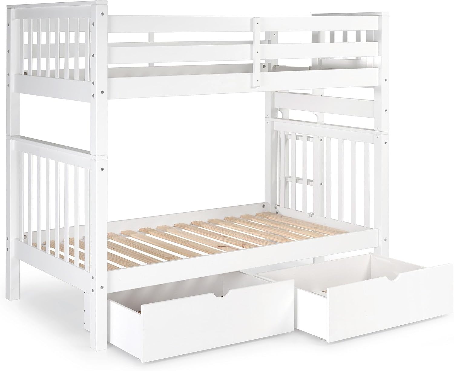 Bedz King Tall Bunk Beds Twin Over Twin Mission Style, End Ladder, 2 Storage Drawers, White