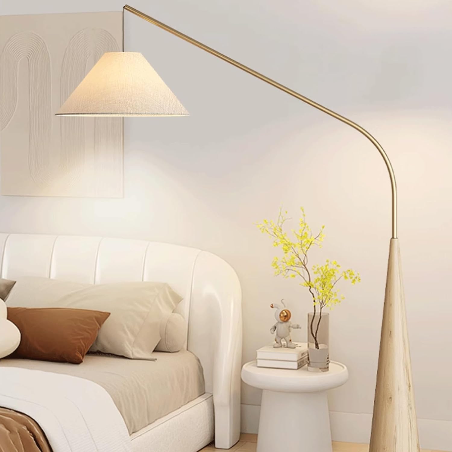 Mid Century Modern Arc Floor Lamp - Tall Standing Light with Fabric Shade for Living Room, Bedroom, Office - Stylish Arched Reading Light in Walnut Finish (Natural)
