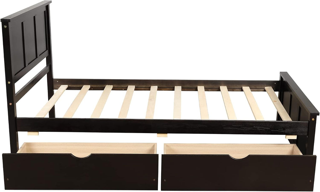 Twin Platform Bed with 2 Drawers and Headboard, Solid Wooden Twin Size Bed Frame with Storage and Wood Slats, Twin Size Platform Bed for Kids,Teens,Adults (Espresso)