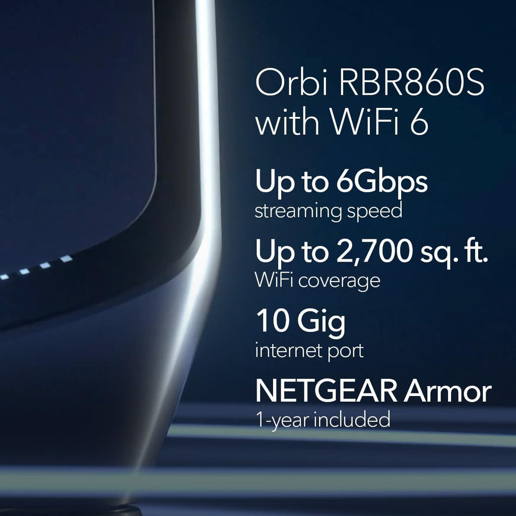 NETGEAR Orbi Tri-Band WiFi 6 Router (RBR860S) - Coverage up to 2,700 sq. ft, 100 Devices -10 Gig Internet Port- Free Armor Security - Expandable to Create a Mesh System - AX6000 802.11ax (up to 6Gbps)