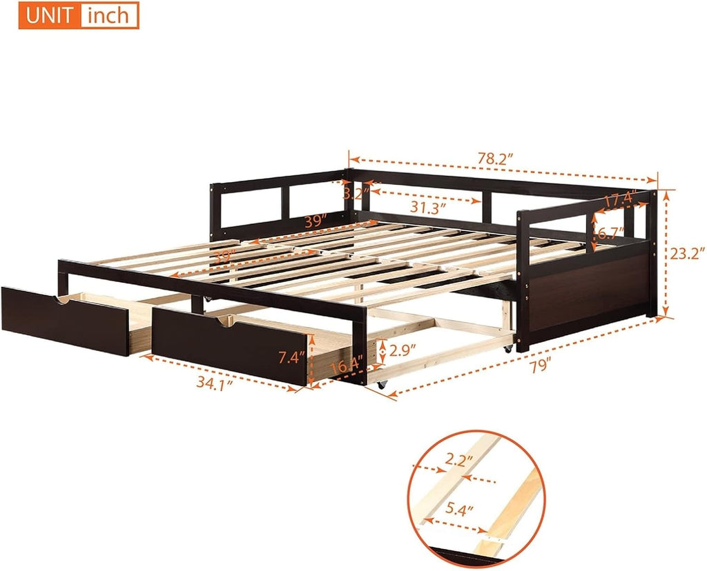 Sofa Bed Twin Size, Minimalist Bed Frame Espresso with 2 Storage Drawers with Solid Wood Slats Daybed for Bedroom Living Room