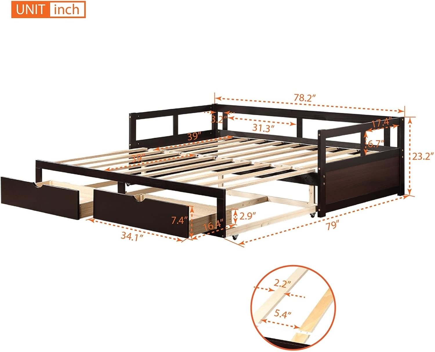 Sofa Bed Twin Size, Minimalist Bed Frame Espresso with 2 Storage Drawers with Solid Wood Slats Daybed for Bedroom Living Room