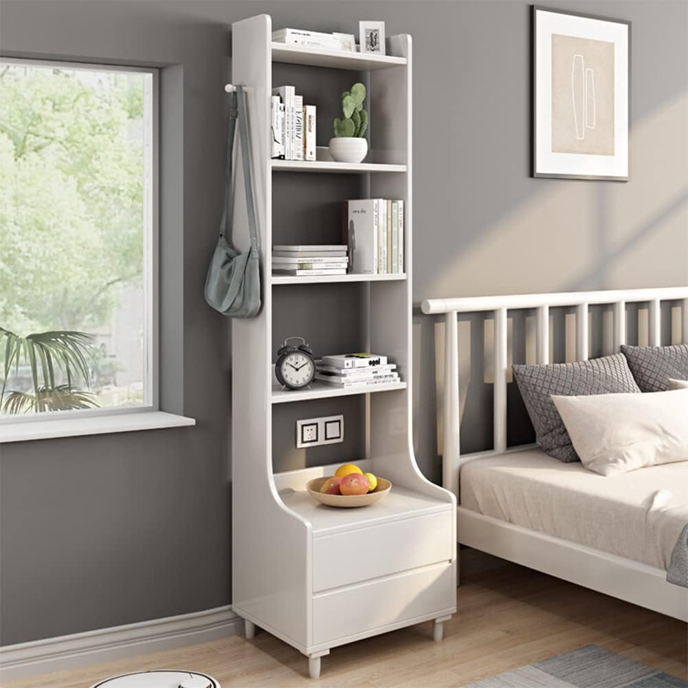 IOTXY White Bedside Table Bookshelf - 71' Tall Floorstanding Wooden Open Shelf Bookcase with 2-Drawers and 4-Shelves, Bedroom Bed Side End Table, Nightstand