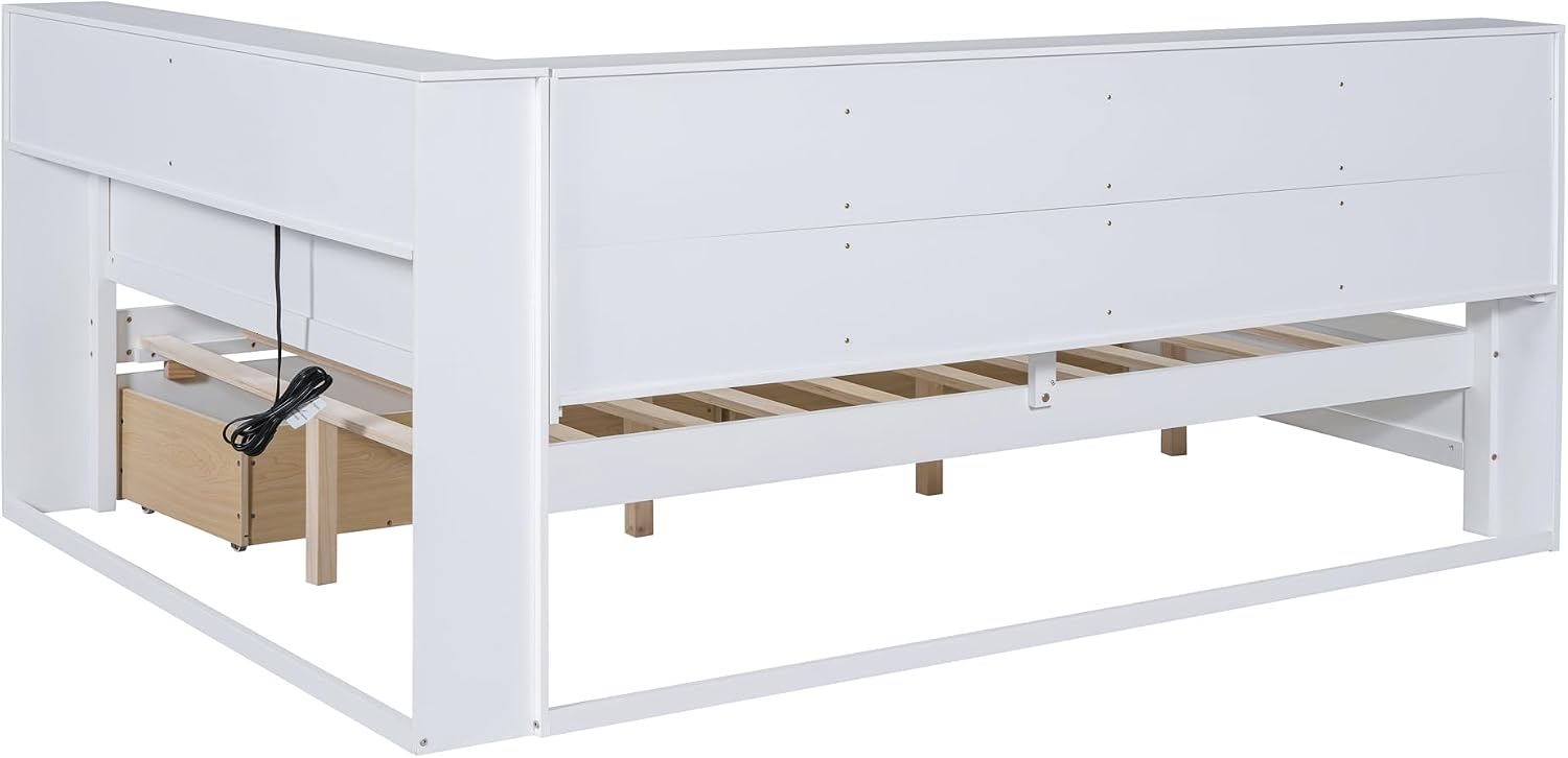 Full Size Daybed with 2 Drawers,Minimalist Wooden Sofa Bed Frame with Storage Shelf and USB Charging Ports for Bedroom, Studyroom, Guestroom, Livingroom (White-WD54)