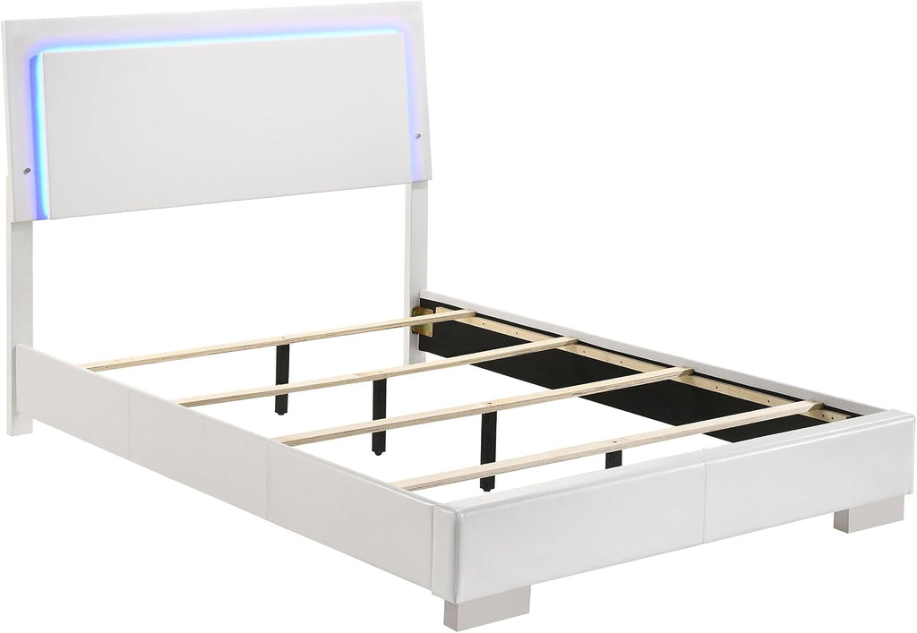 Benzara Sok 4pc Twin Bedroom Set, Blue LED Lights, Faux Leather, White Wood