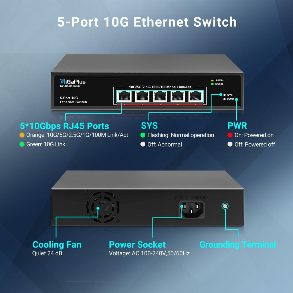 5-Port 10Gb Ethernet Switch Unmanaged with 5 x 10Gb RJ45 Ports, GiGaPlus 10Gbe Network Switch Easy for 10G NAS, PC, WiFi7 Routers, 10G NIC/Adapters. 100Gbps Switching Capacity. Desktop/19-inch Rack