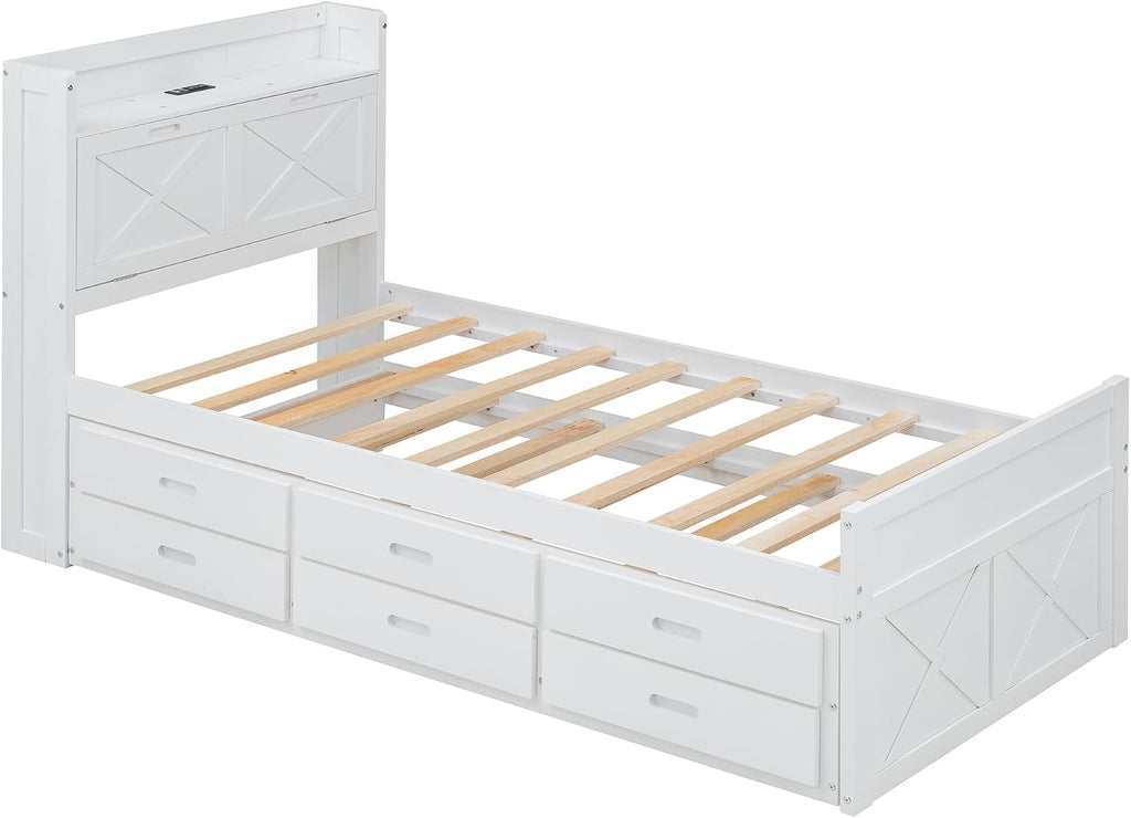 Twin Size Captain Wooden Bed Frame with Storage Headboard & Outlets | Extendable Platform Bed with Twin Trundle & 3 Storage Drawers | Modern Farmhouse Bedroom Furniture Set (White, Twin)