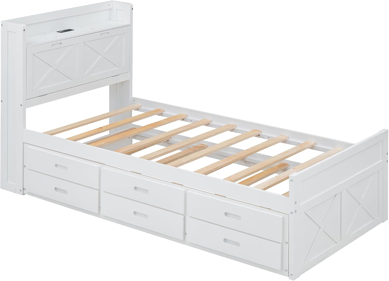 Twin Size Captain Wooden Bed Frame with Storage Headboard & Outlets | Extendable Platform Bed with Twin Trundle & 3 Storage Drawers | Modern Farmhouse Bedroom Furniture Set (White, Twin)