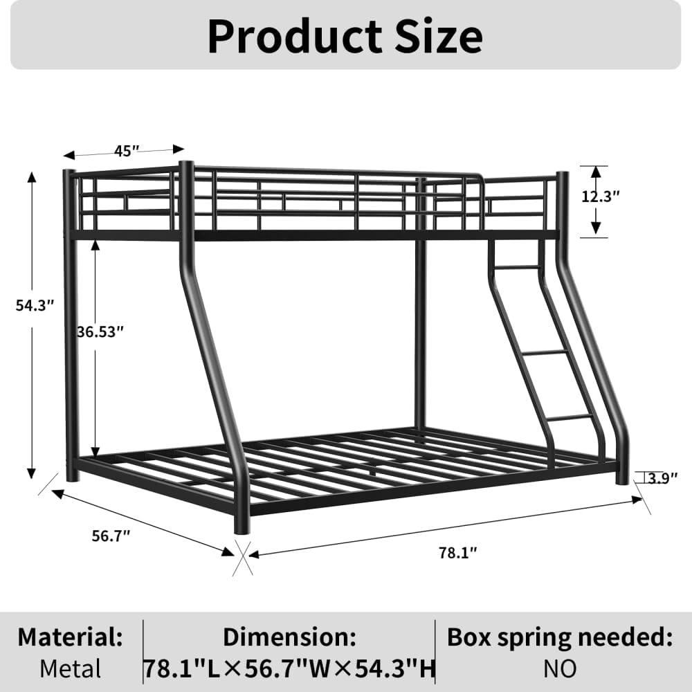 Twin Over Full Metal Bunk Bed, with Ladder & Full-Length Guardrail for Teens Adults, Noise Free (Black + Metal + Twin)