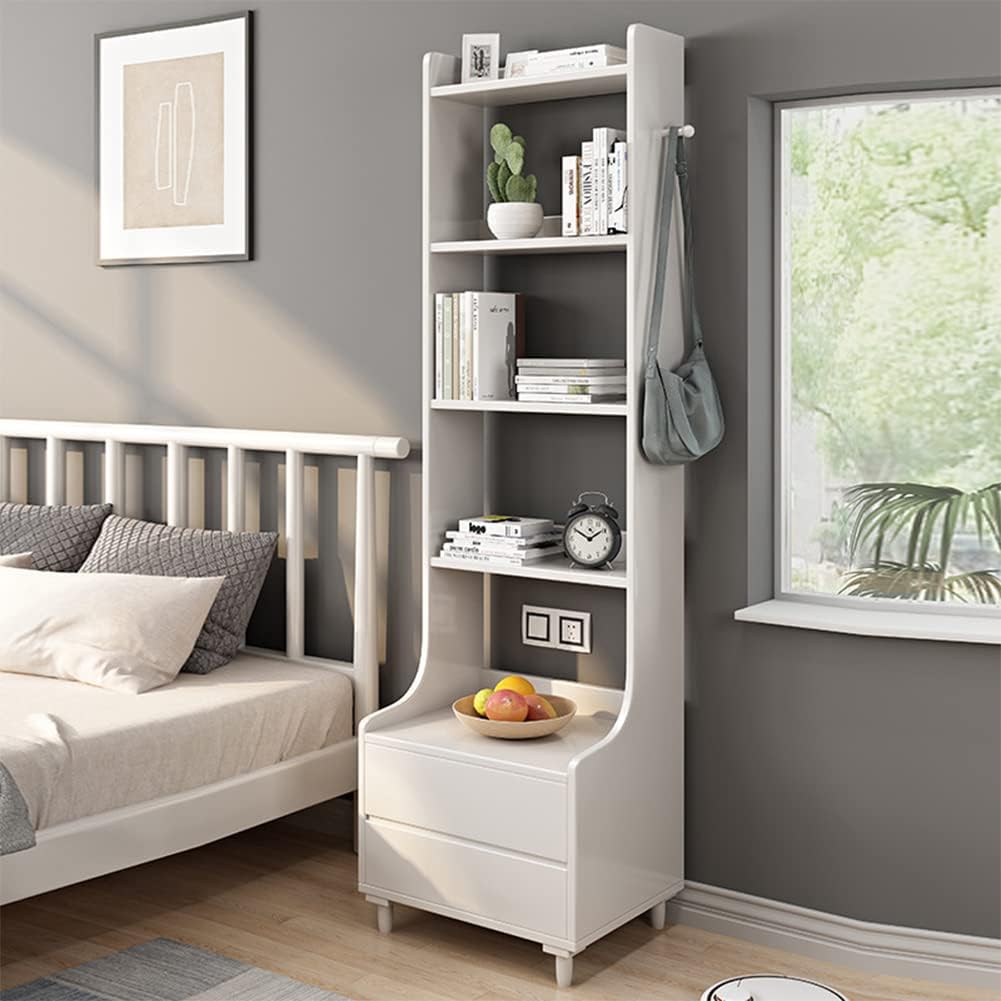 IOTXY White Bedside Table Bookshelf - 71' Tall Floorstanding Wooden Open Shelf Bookcase with 2-Drawers and 4-Shelves, Bedroom Bed Side End Table, Nightstand