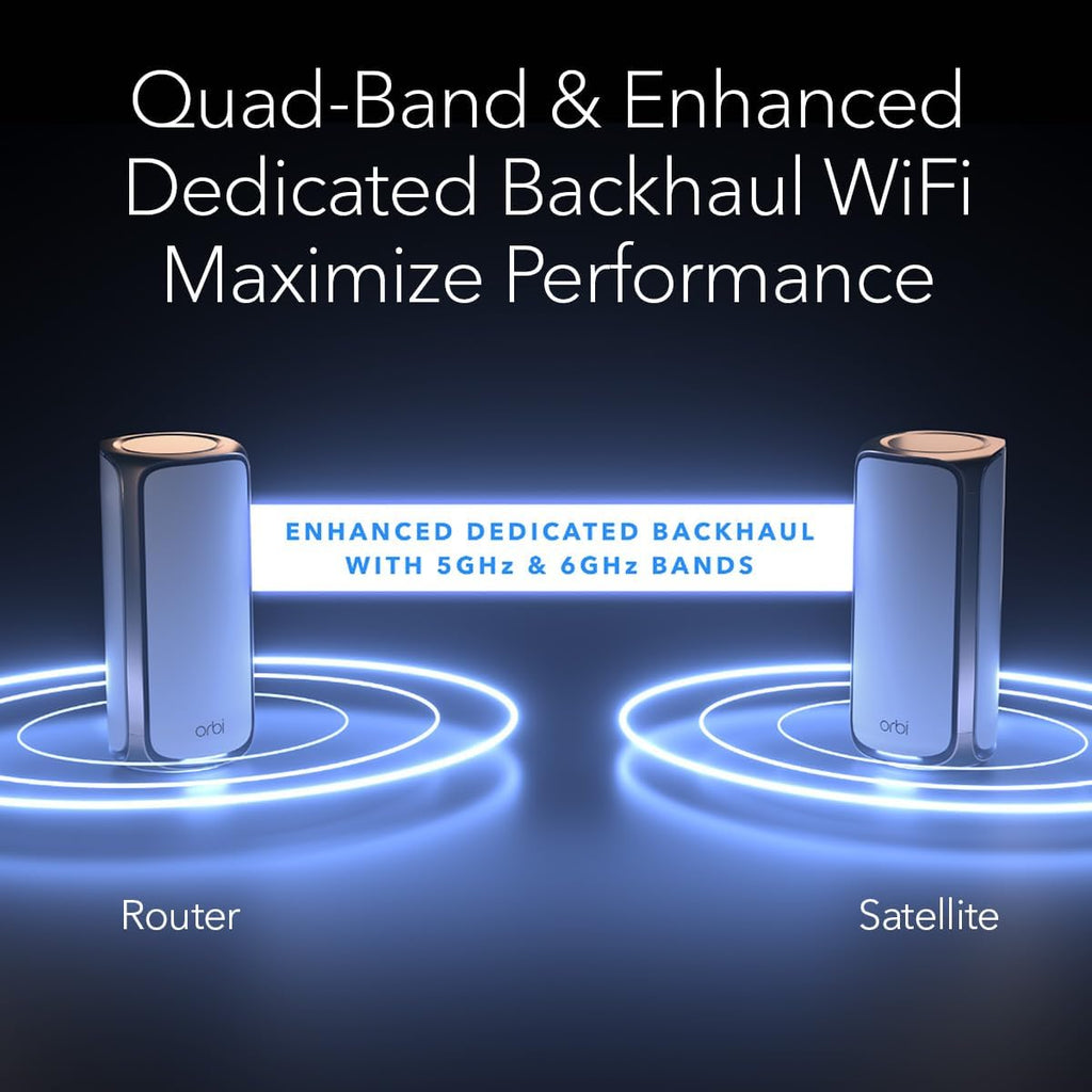 NETGEAR Orbi 970 Series Quad-Band WiFi 7 Mesh Network System (RBE972S) - Router + 1 Satellite Extender, Security Features, 27 Gbps, 6,600 sq. ft., 200 Devices, 10 Gig Internet Port – Free Expert Help