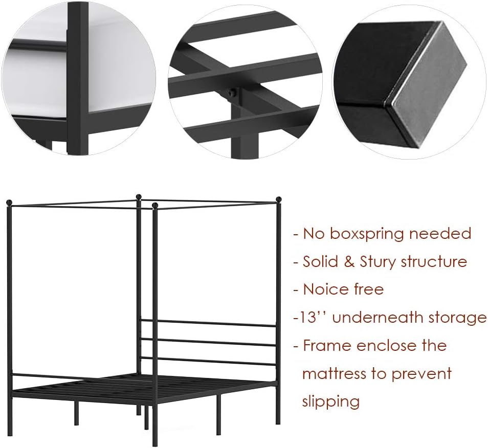 JOM Canopy Bed Frame Full Size Black Metal 4 Poster Double Bedframe Modern Post Corner with Headboard for Girls Boys
