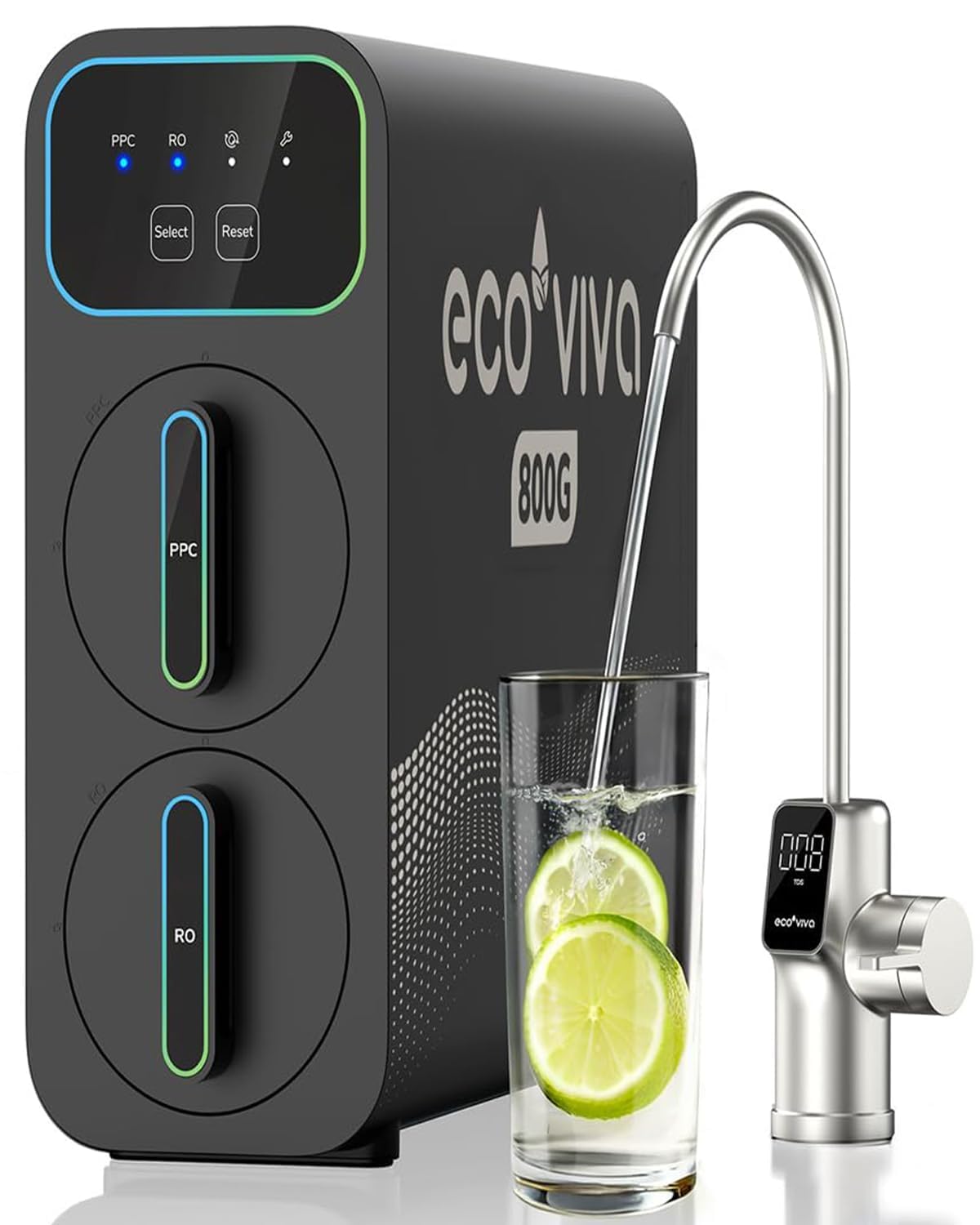 Ecoviva E8 800 GPD Reverse Osmosis Water Filter, 9-Stage Filtration RO System, Undersink Water Purifier, Reduces TDS, 2.5:1 Pure to Drain, Tankless, LED Smart Faucet