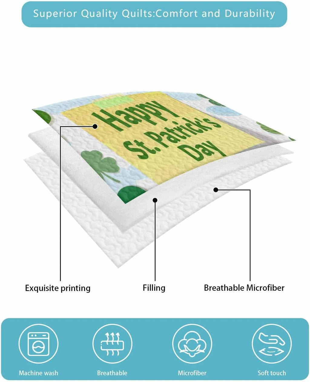 Quilt King Size Bedding Set, St. Patrick's Day Lightweight Summer Quilt 3 Pieces Bedding Sets, Spring Lucky Green Shamrock Cloud Blue Reversible Soft Bedspreads Coverlets with 2 Pillow Shams